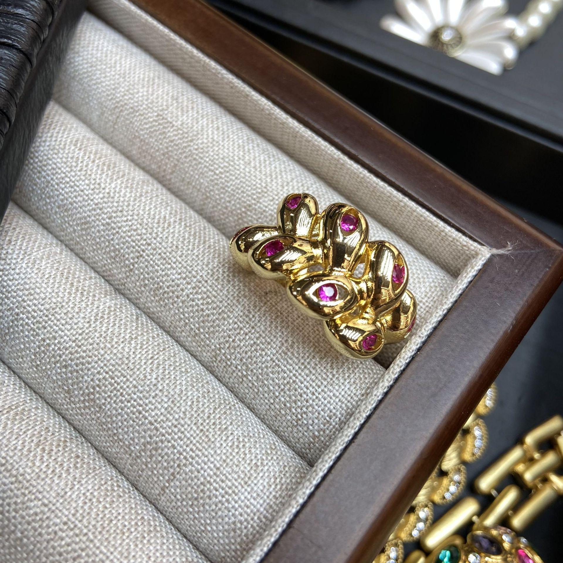 

Кольцо с медным покрытием из 18-каратного золота с розовым красным цирконием, женское, ретро, элегантное, круглое, открытое кольцо в форме листа розы, новое