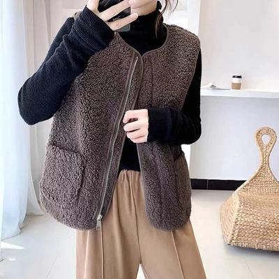 Herbst Damen Reißverschluss Weste Mantel Faux Lammfell Warmer Cardigan Lässig mit Taschen Ärmellose Jacken Winter Büro Verdickte Weste Mantel