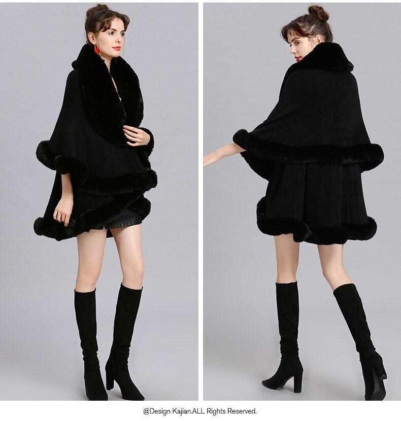 Winter Dicke Schwarz Grau Große Faux Kaninchen Fell Hals Schal Cape Warme Lange 2 Schichten Strickjacke Poncho Frauen Lose heraus Streetwear Mantel