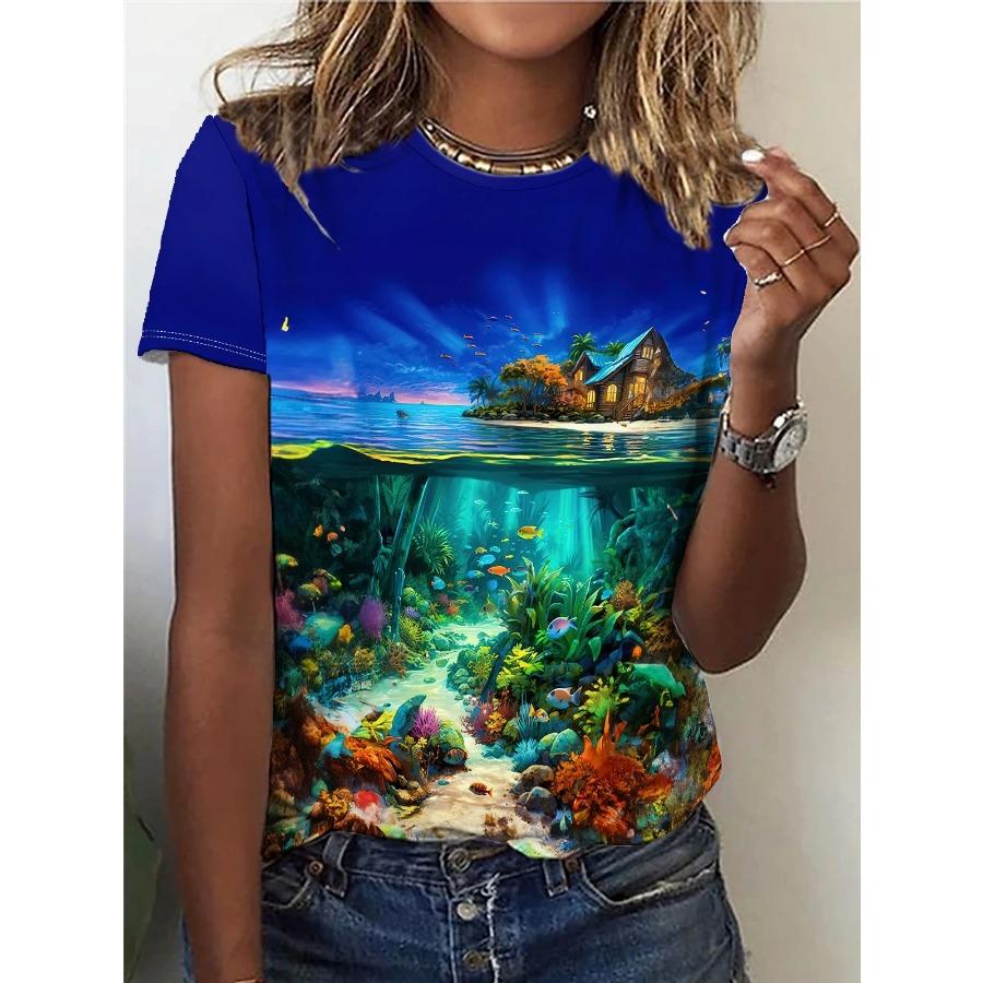 3D printed women's short sleeved casual round neck T-shirt