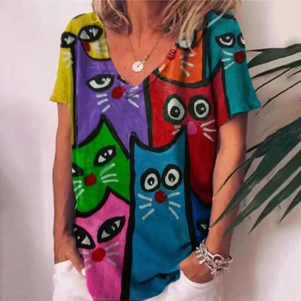 Retro frauen T Shirt Anime Katze Grafik Mädchen Kleidung Sommer V-ausschnitt Kurzarm Tees Weibliche Harajuku Streetwear Übergroße Bluse