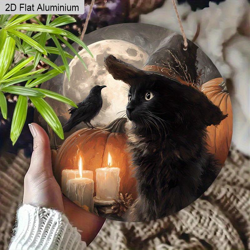 2D Flat Aluminium Halloween Sign with Black Cat Pattern - Halloween Figurine Ornaments - Ideal for Front Door, Wall, Porch, Window Decor - Ideal