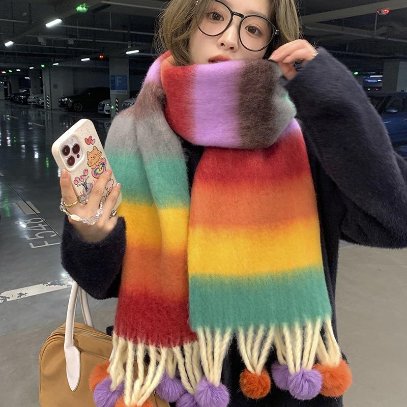 Dopamine Color Striped Handmade Hairball Warm Scarf Women's Winter Thickened Cold-proof Couple Scarf Shawl