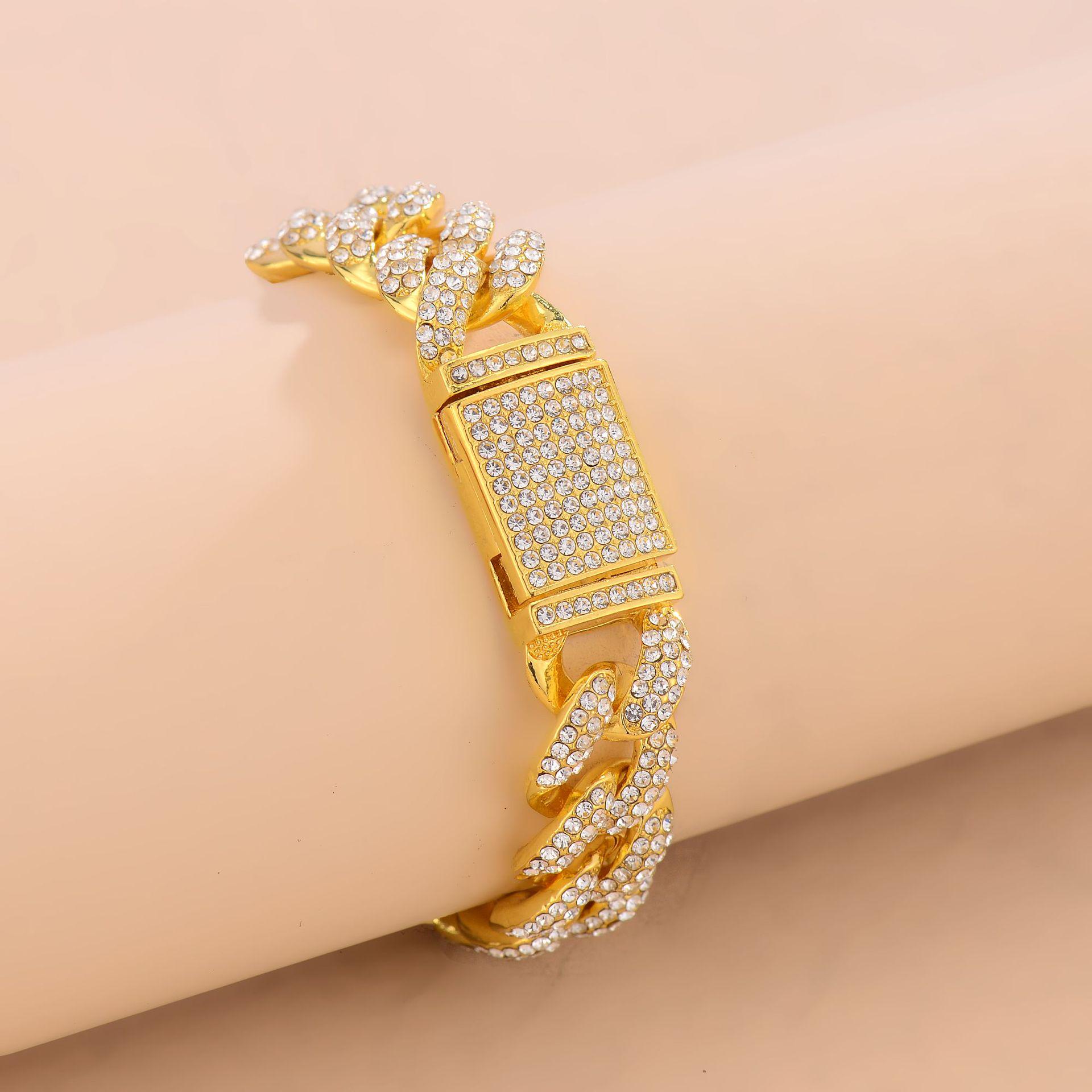 Geometric Rhinestone Cuban Link Necklace - Trendy Hip Hop Fashion, 15mm Zinc Alloy