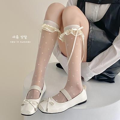 Calzini alla caviglia in rete pizzo-pizzo color crema, estivi sottili a pois a forma di cuore al ginocchio con fiocco, calzini Lolita
