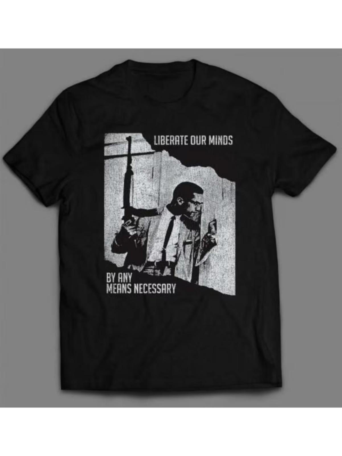 Mens Malcolm X Graphic T-Shirt - Liberate Our Minds Design, Black Cotton Crew Ne L