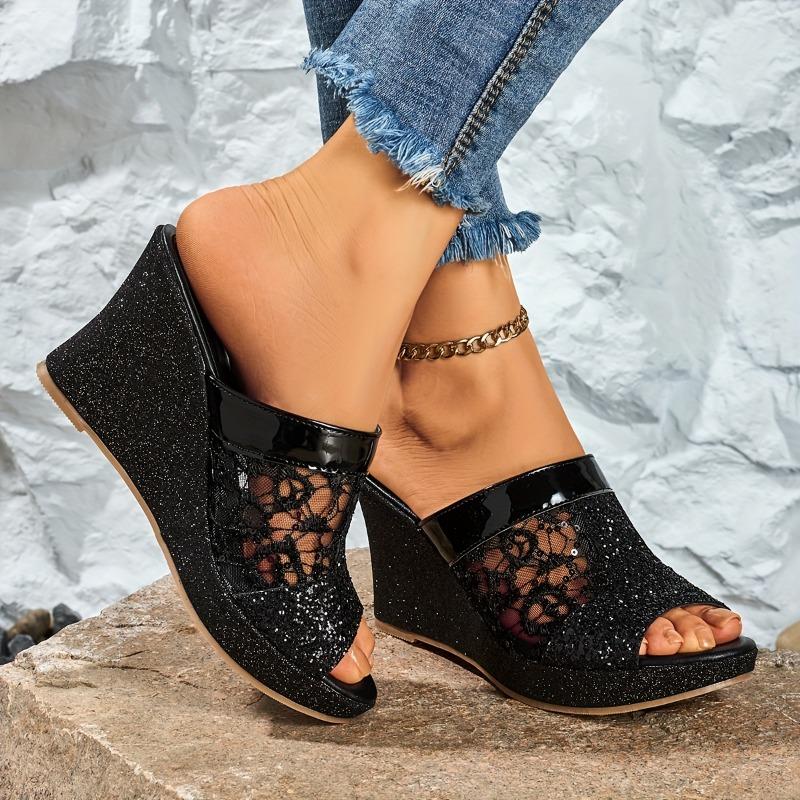 Women'S Elegant Slip-On Wedge Sandals with Glittery Sequin Lace Detail, Open-Toe Platform Heel & PU Cover Upper - Versatile Casual To Formal Shoes