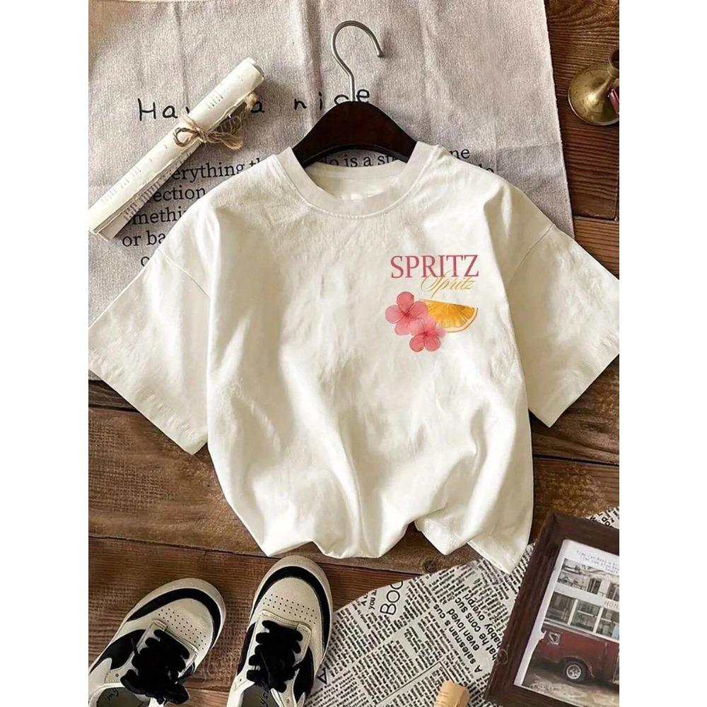 

Cartoon cocktail letter printed round neck simple and versatile summer children s casual short sleeved top 100