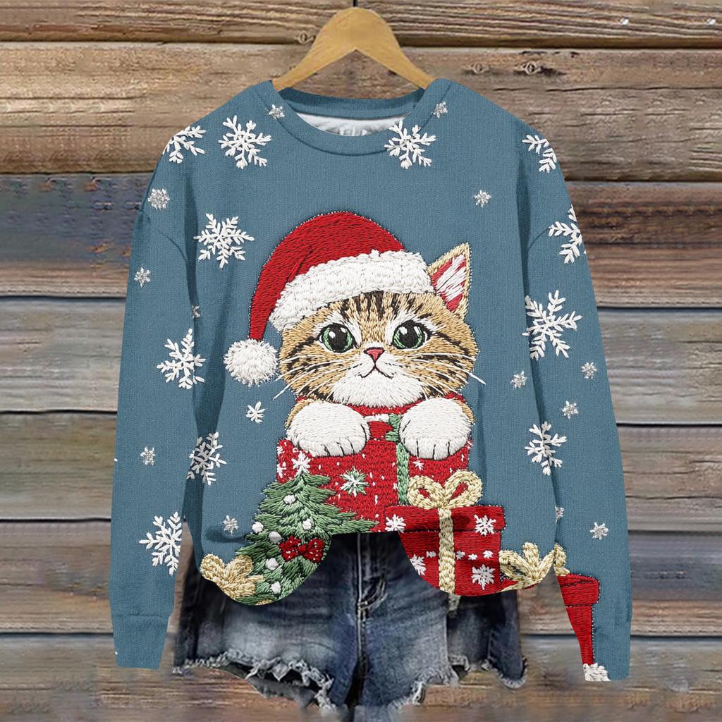 Ladies' Christmas Printed Casual Long Sleeved Round Neck Sports Hoodie Top