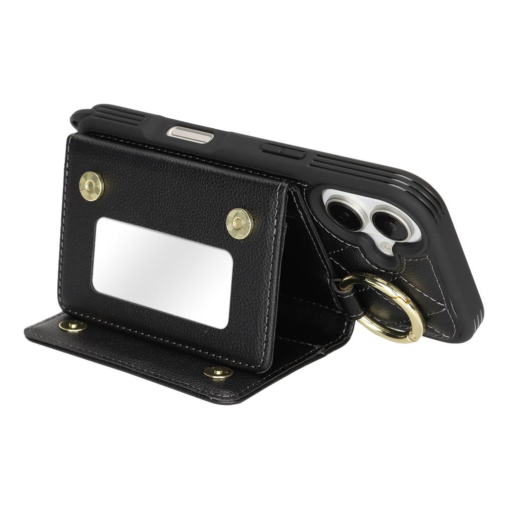 For iPhone 16 Case with Lanyard/Mirror/Card Holder Grids Pattern RFID Blocking Phone Cover