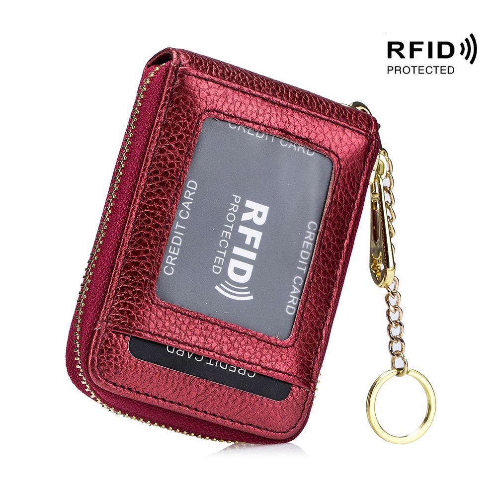 Exquisite RFID Genuine Leather Accordion Card Holder for Women and Men with Keychain