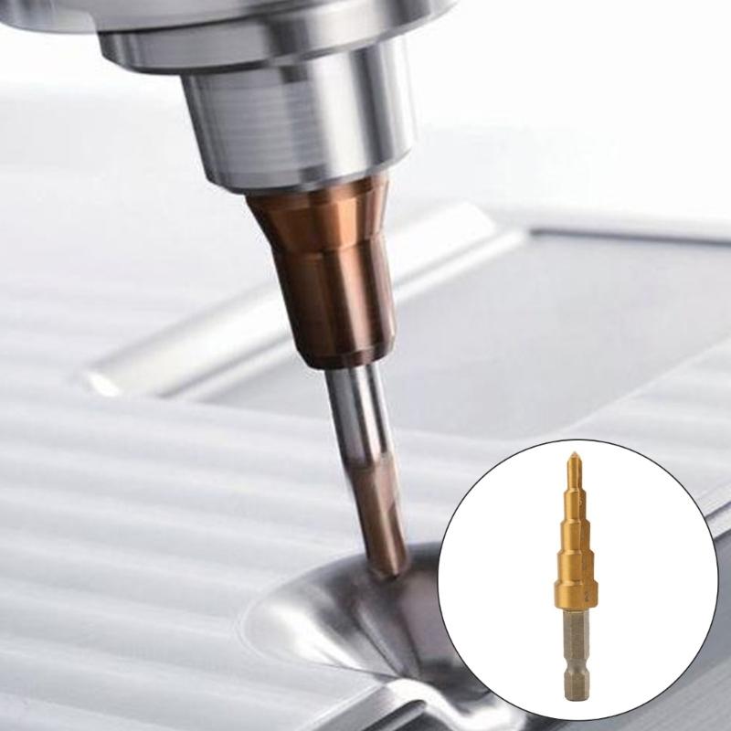High Speed Steel Step Drill Bit with 1/4" Hex Shank and Straight Grooved for Wood Stainless Steel Sheet Metal Cutting