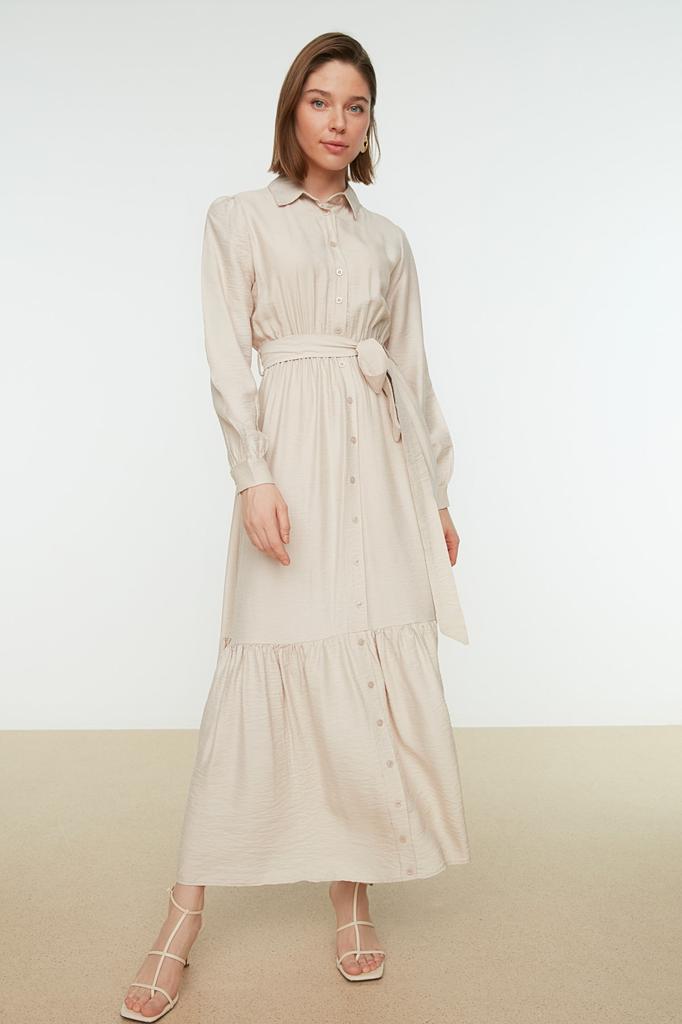 Women's Fashion New Hijab Dress Mink Belted Shoulder Detailed Skirt Flounced Woven Shirt Dress