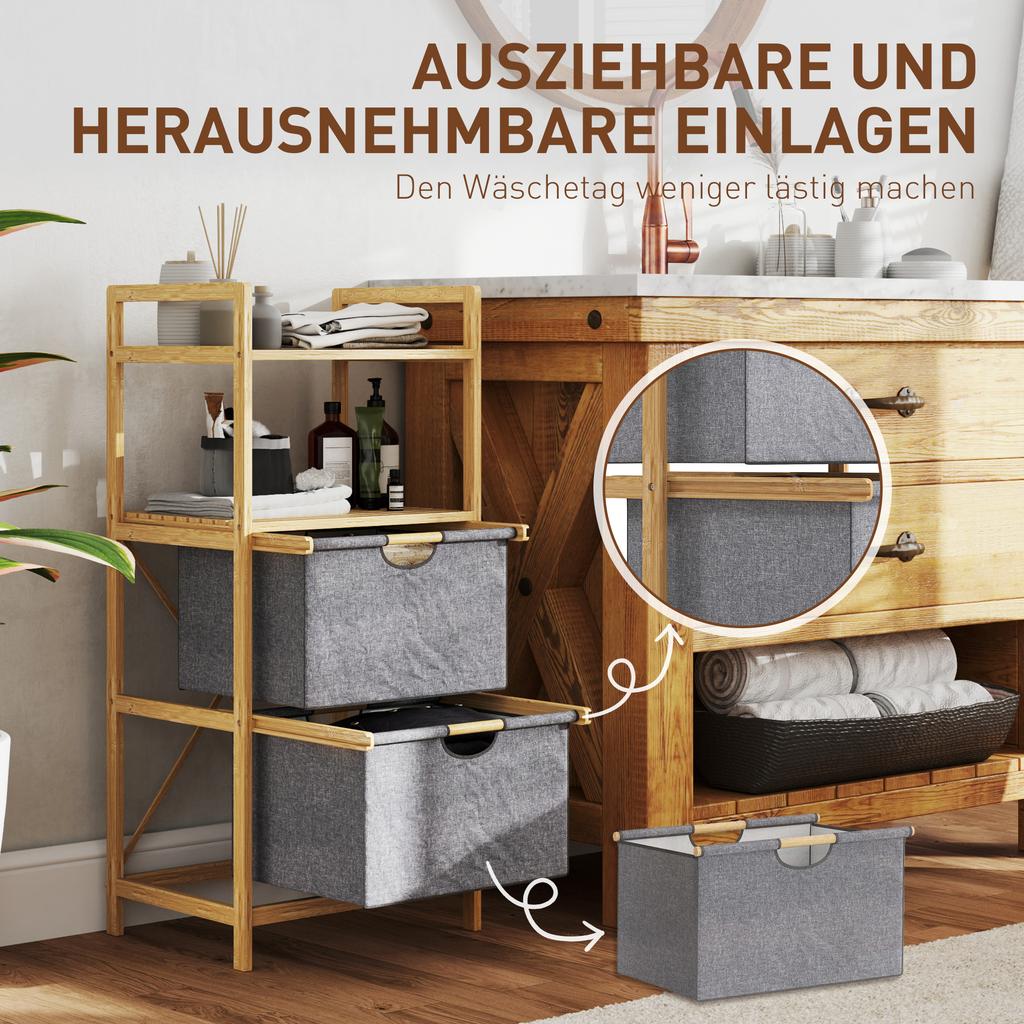 Bamboo Laundry Shelf with 2 Fabric Laundry Baskets, Open Shelves, Space-Saving, Natural Wood