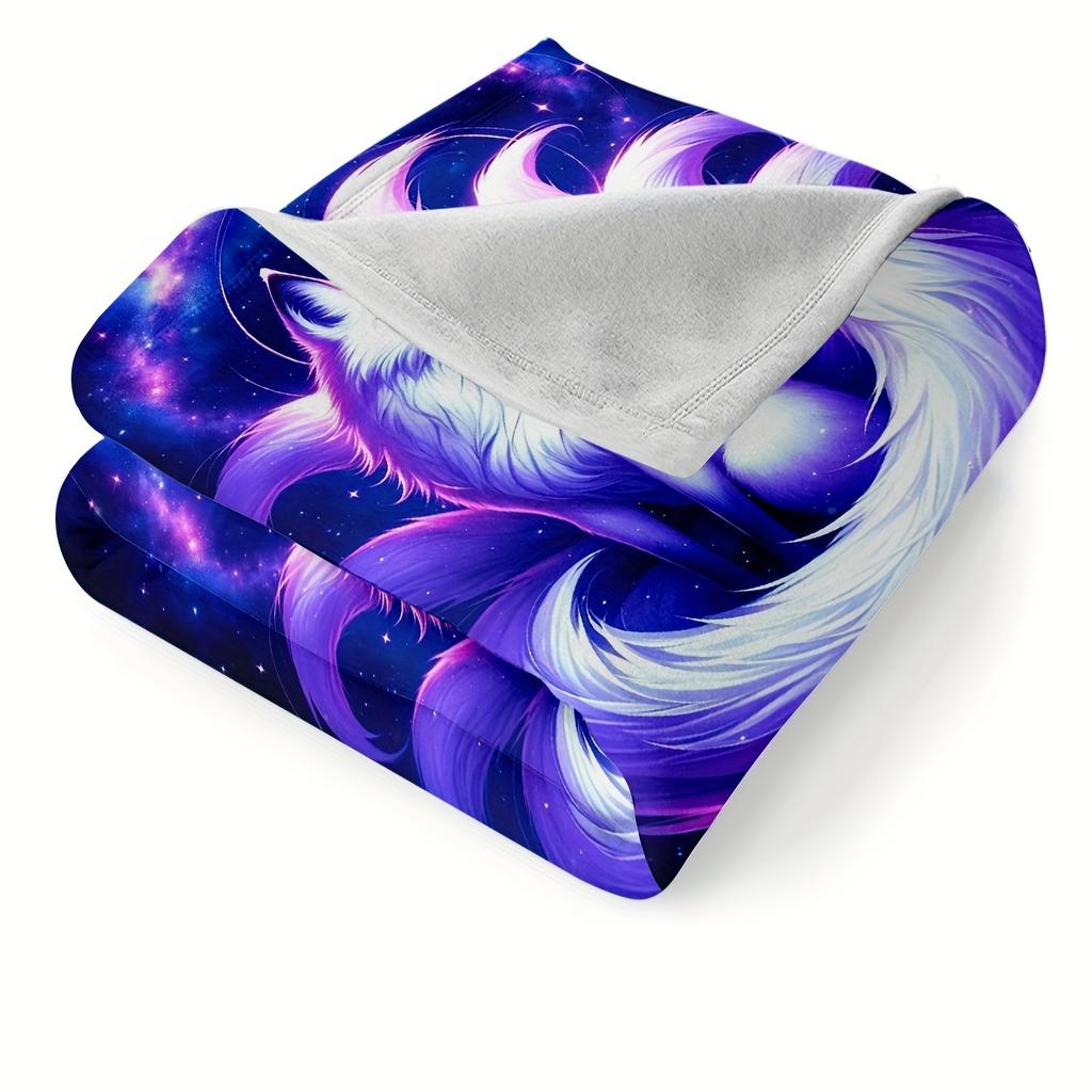 1pc Purple Nine Tail Fox Flannel Blanket - Ultra-Comfortable & Stylish, Perfect for Home, Office & Dorm - All-Season Warmth, Sof