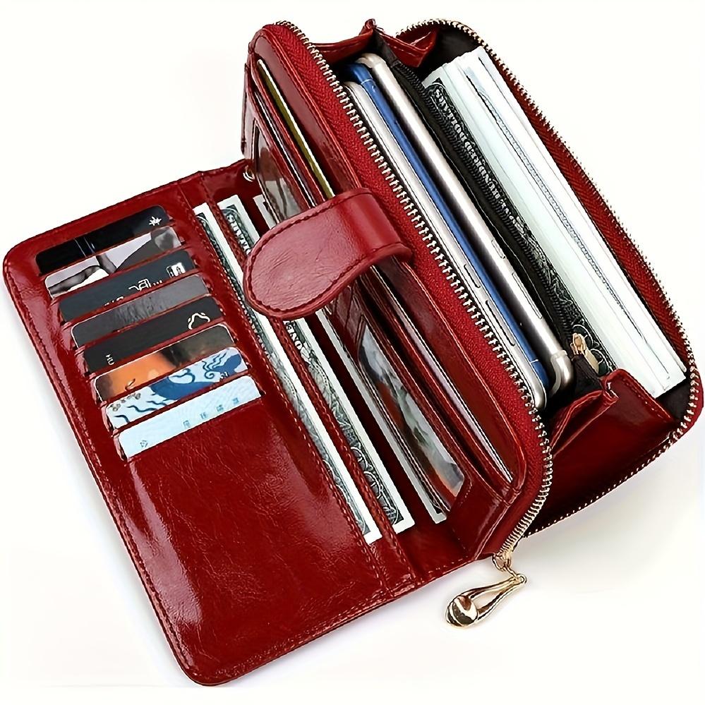 Stylish Red Synthetic Leather Long Wallet - Large Capacity, Multiple Cards, Zipper Closure, Polyester Lining - Perfect for Everyday Use