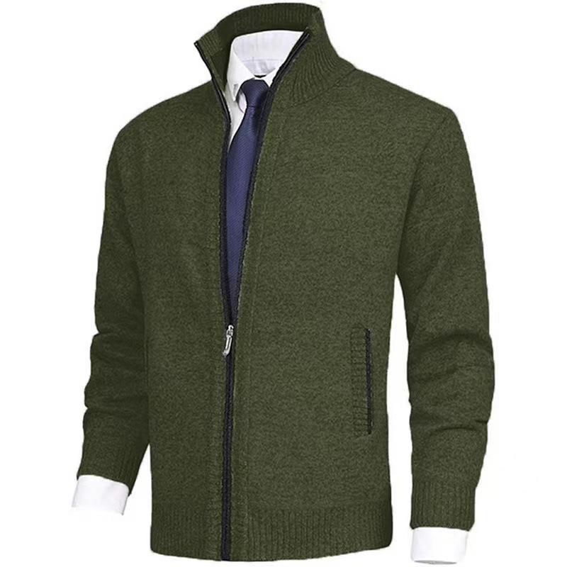 Men's Fleece-Lined Cardigan: Thick Knit Zipper Sweater with Stand-Up Collar for Autumn/Winter 2023