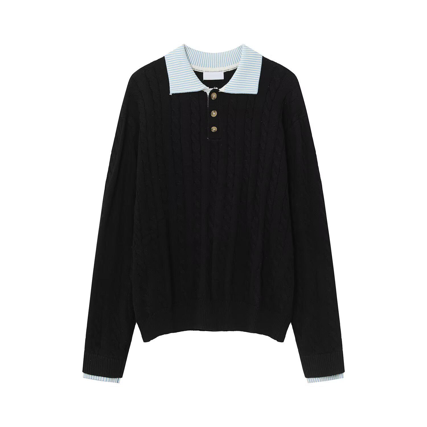 

2025 Retro Color Block Knit Sweater: Unisex Two-Piece Look with Shirt Collar L [115-125 lbs] чорний