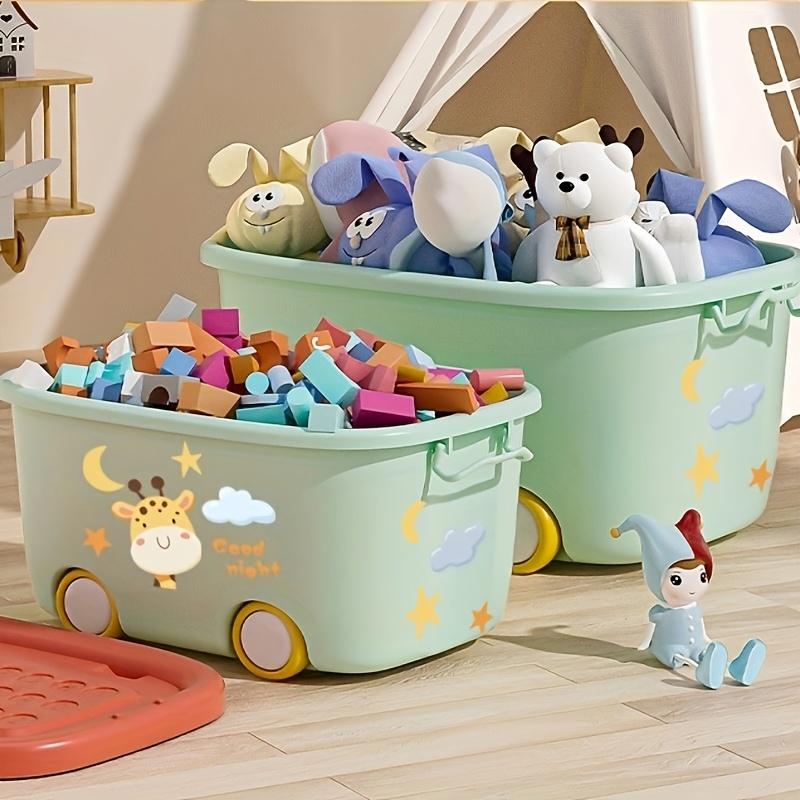 2Color Cartoon Cute Storage Box with Wheels a Household Storage Box with a Handle And Lid,Comes with a Set of Cartoon Stickers,Stackable for Books,