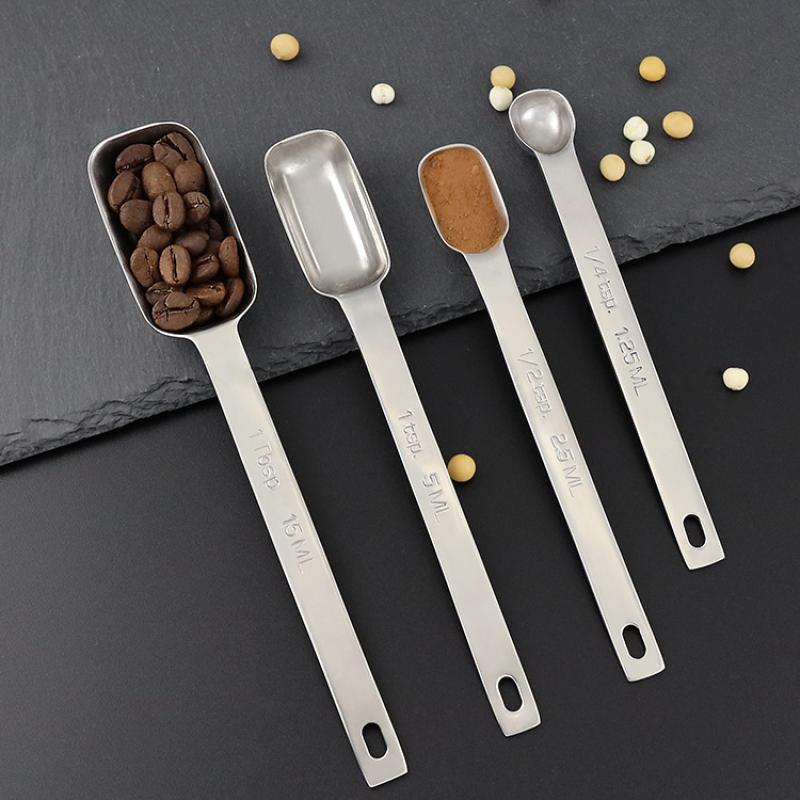 1Pc 304 Stainless Steel Rectangular Kitchen Measuring Spoons With Scale For Coffee Graduated Spoon Powder Coffeeware