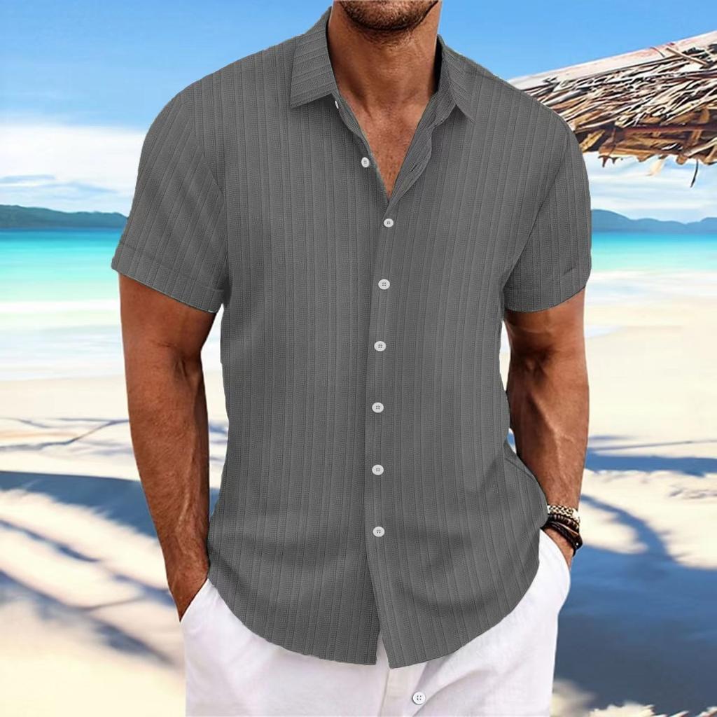 New Men's Cotton Linen Striped Jacquard Casual Loose Short Sleeve Shirt