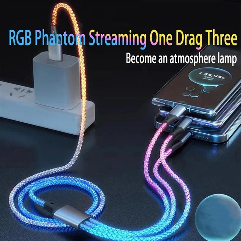 

6A Fast Charging RGB Breathing Luminous Gradient Light Data Cable 66W TYPE-C Charger For 15 Pro Huawei Samsung Data Cable 1m