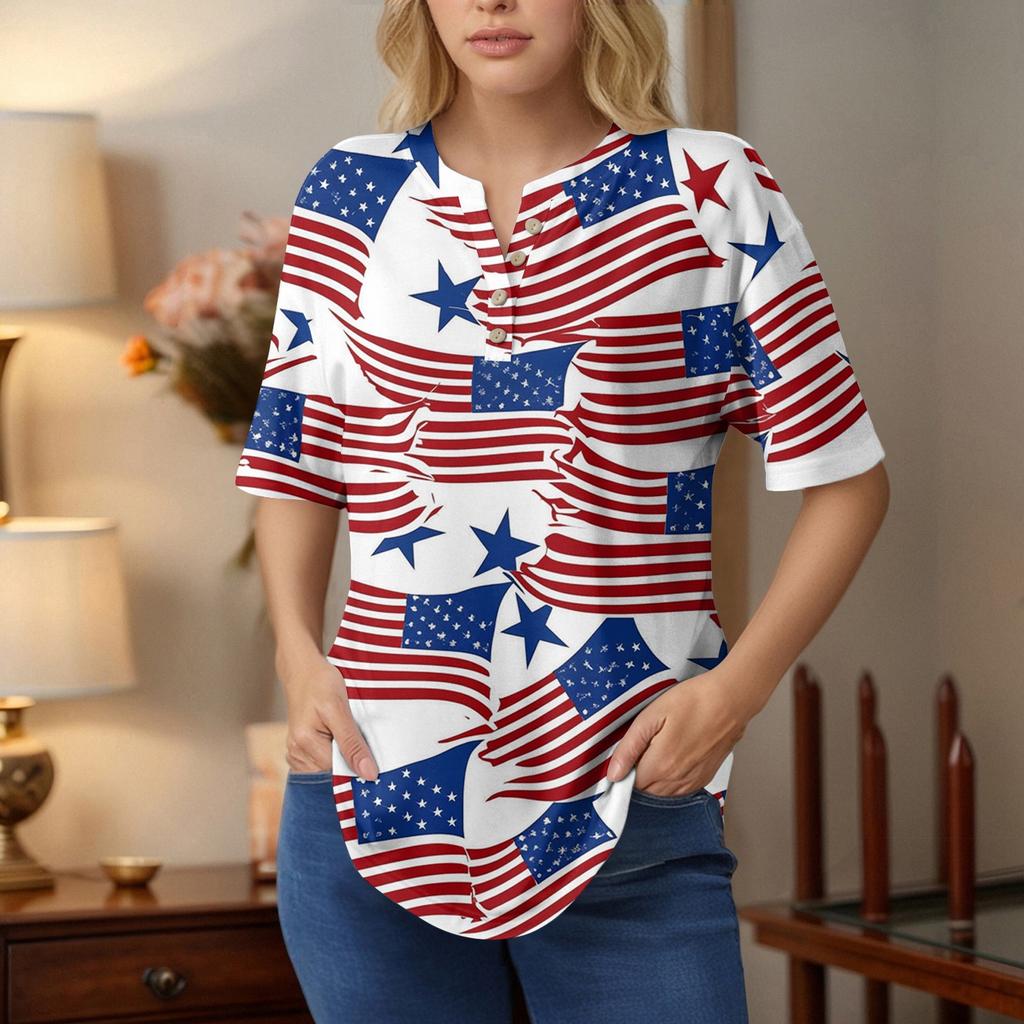 Short Sleeve Womens Tops Summer T-Shirts Print V Neck Casual Basic Tee Button Shirts Tunic Tops Independence Day