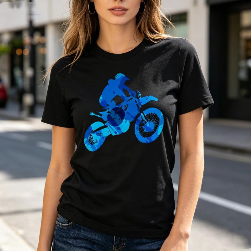Motocross Dirt Bike Graphic T Shirt Blue Geometric Print Unisex Soft Cotton Crew Neck Short Sleeve Trendy Casual Tops