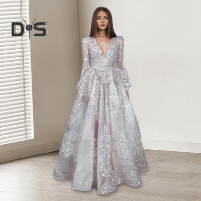 Women Evening Dress Deep V Neck Lace Floral Embroideried Maxi Dress A-line Big Swing Long Lantern Sleeves High Waist Pleated Ball Gown Prom Party