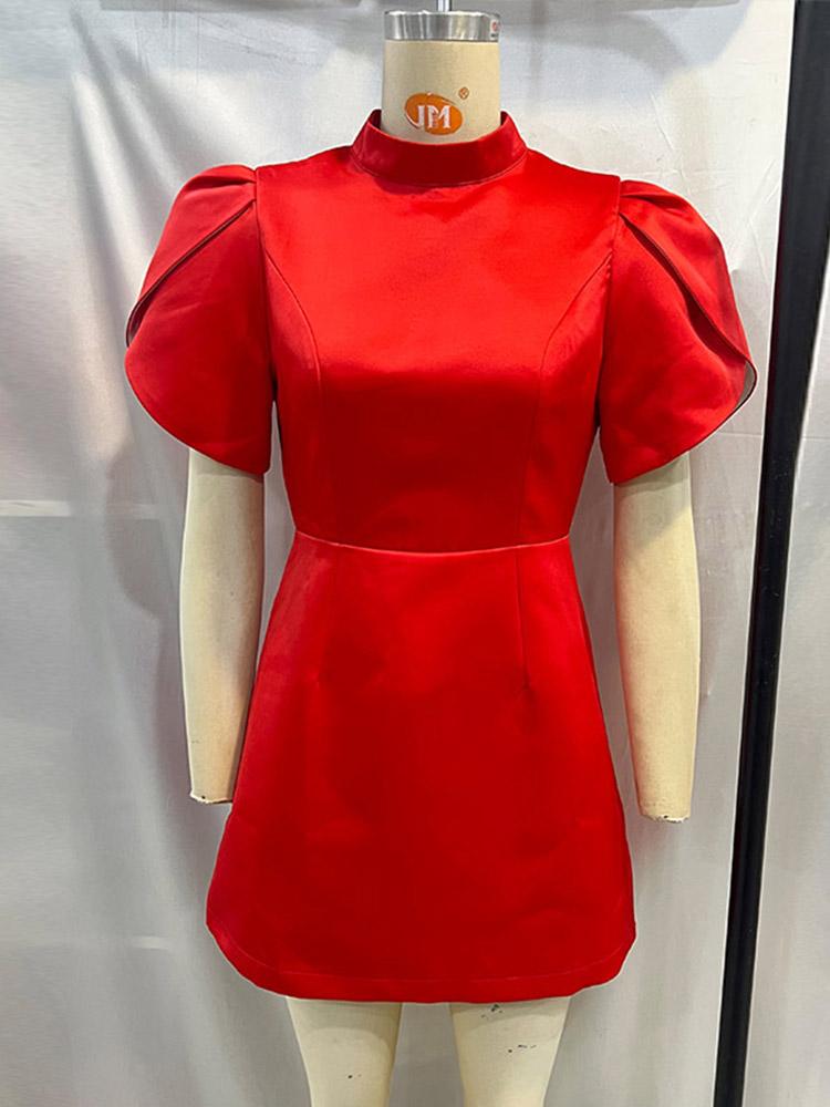 

Ladies Standing Collar Bow Short Dress Women s Short Sleeved Dress Christmas Festival Birthday Red Dress S