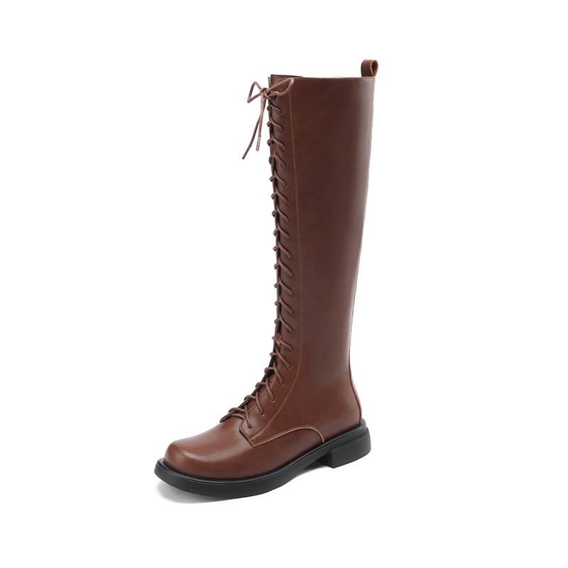 Krazing Pot Cow Split Skin Autumn Winter Shoes Concise Thick Heels Size 41 Thigh High Boots Keep Warm Round Toe Slip On Retro Knee Boots