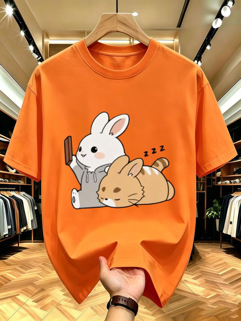 Unisex O Neck Tee Rabbit And Sleeping Cat Cartoon Art Print Cotton Short Sleeve Loose Summer Breathable Daily Casual Basic Wear Top