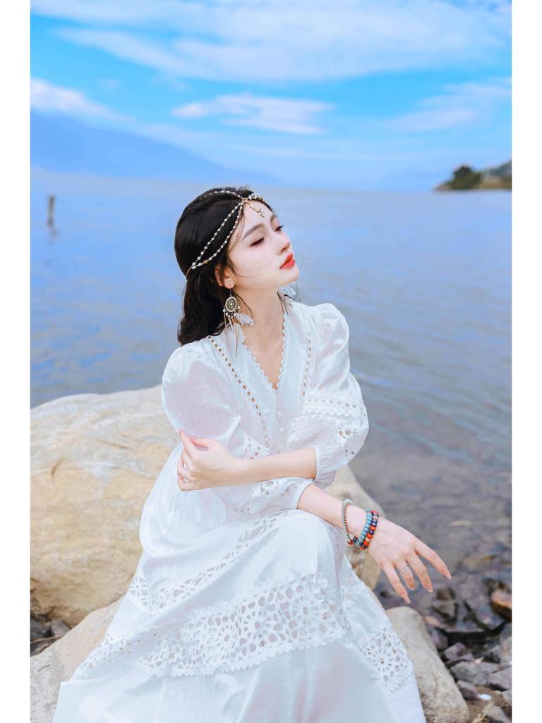 Hand-Crocheted Lace Trim V-Neck Lantern Sleeve Beach Dress - French Hollow Out Style