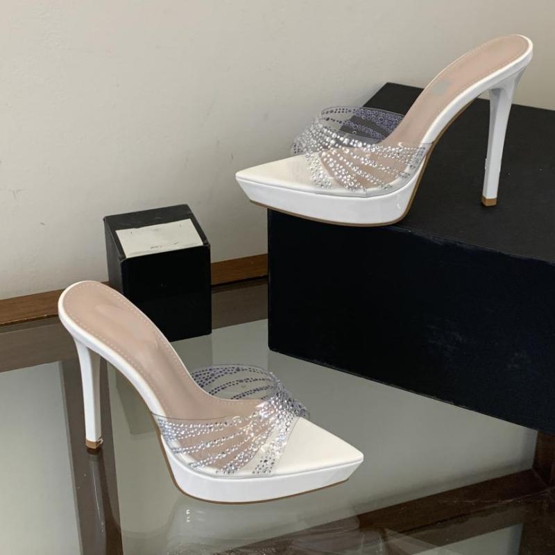 Summer Fashionable Pointed-toe Platform Slides Versatile Rhinestone Sandals With Transparent Straps