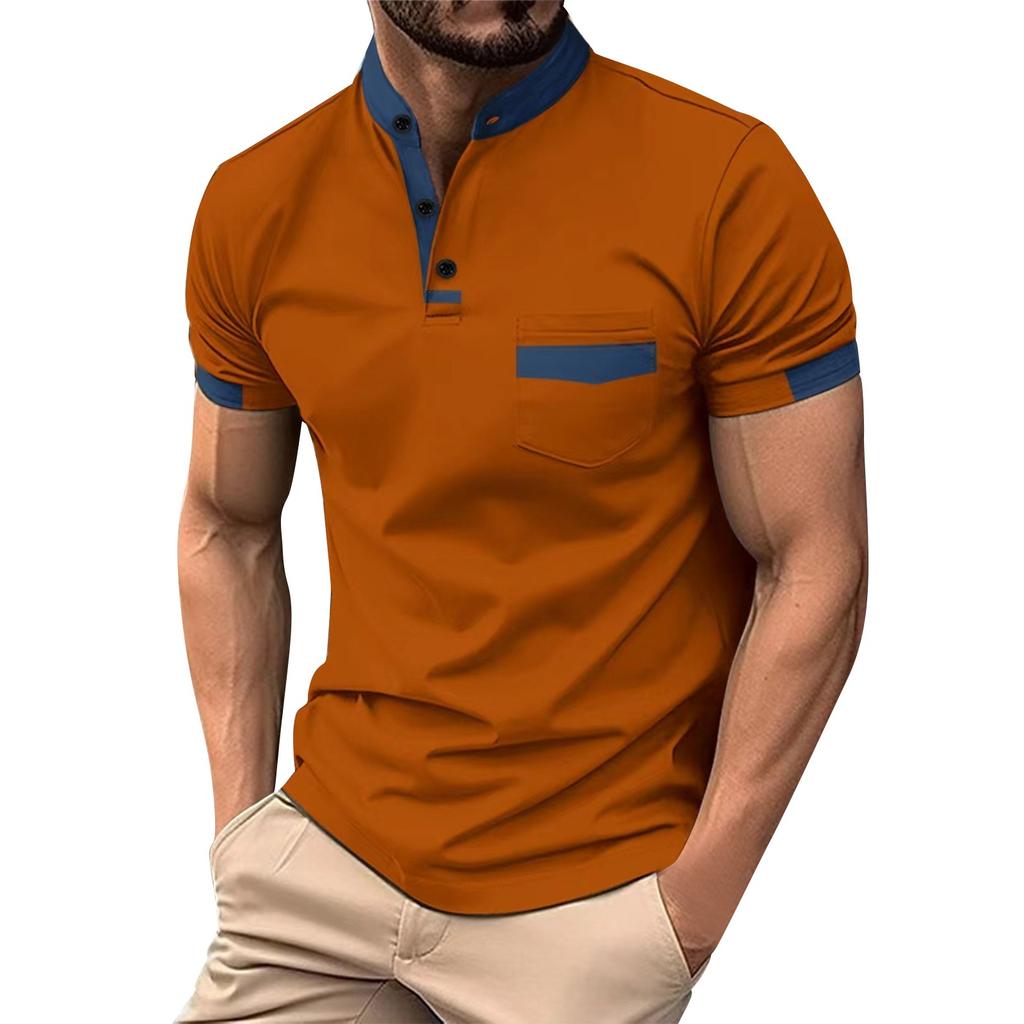 Men's Summer Shirt Color Patchwork 3 Button Sports Shirt Top