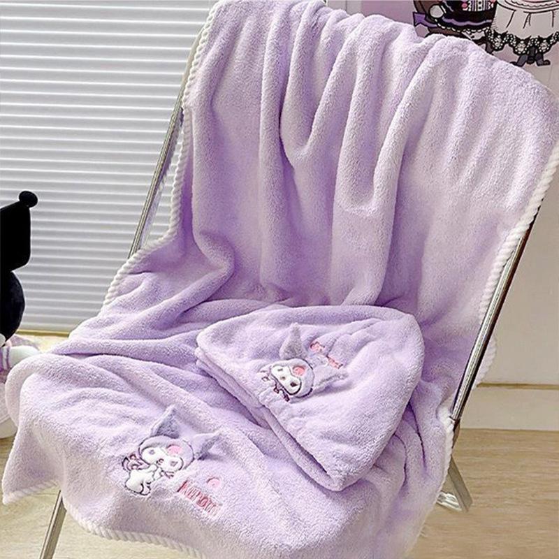 Kuromi Towel Set: Cute, Water-Absorbent, No-Shedding Bath Towel & Cap (3-Piece)