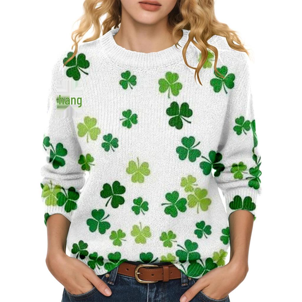 LXF-YT52 Saint Patrick's Day Fair Isle Pullover Sweater - Long Sleeve, Spring and Autumn Fashion.