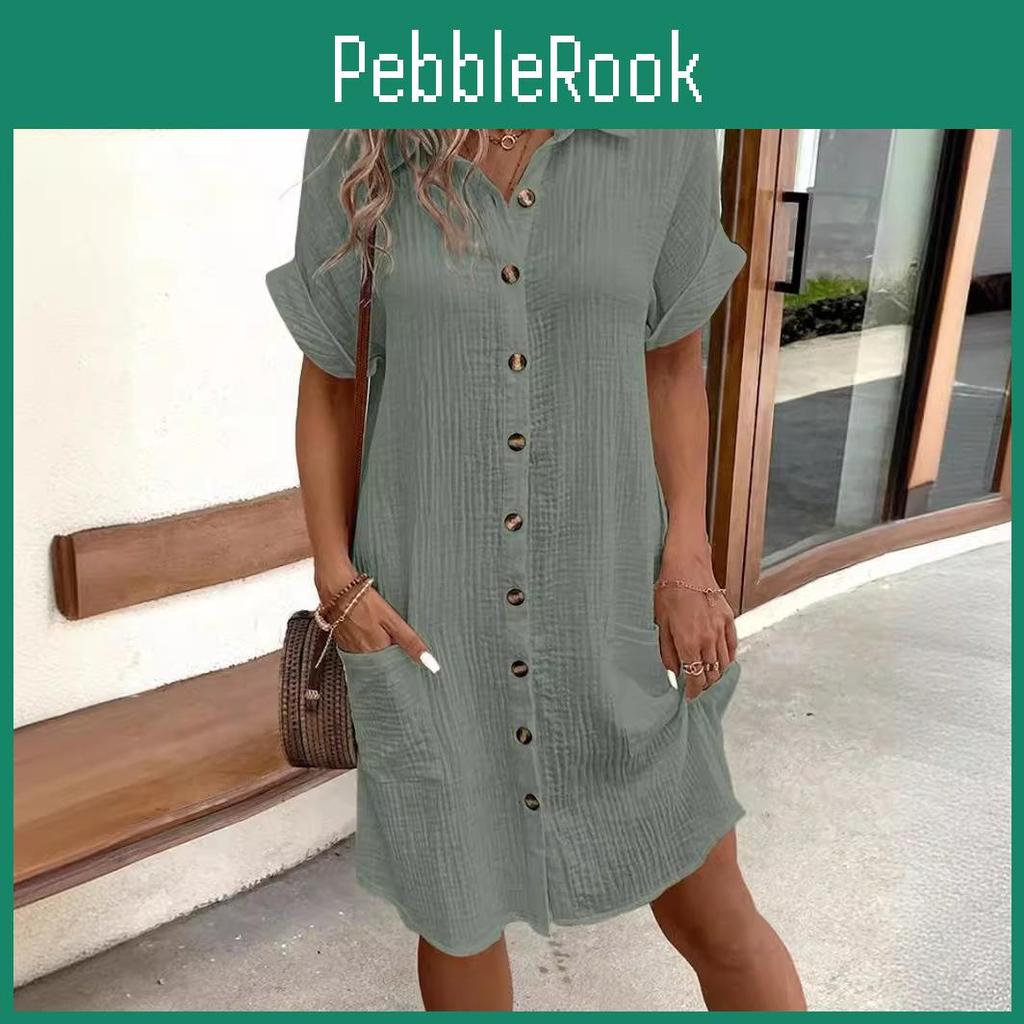 Vezfaa Fashion Womens Summer Spring Solid Color Print Short Sleeve Polo Neck Casual Dresses