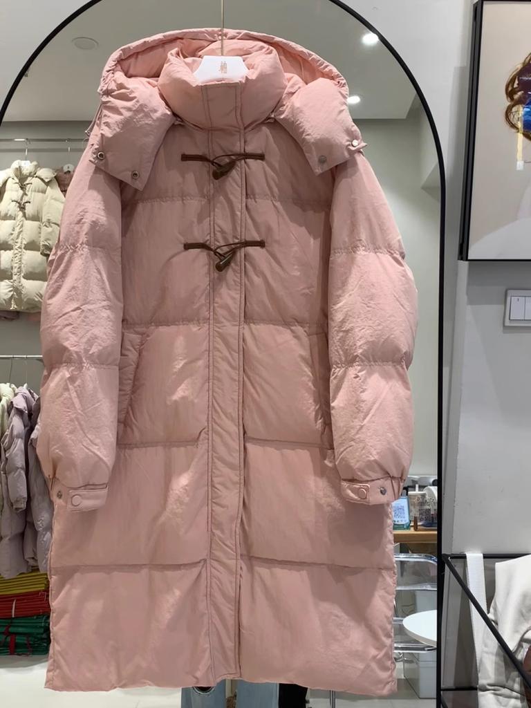 2024 Long Hooded Over Knee Down Jacket Women's Loose Skinny Sweet Fashion College Wind Corner Button Winter Jacket