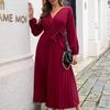 Damen Langarm Maxi Kleid Herbst Winter V-Ausschnitt Schnürung Einfarbig Plissiertes Temperament Größen S bis XXXL