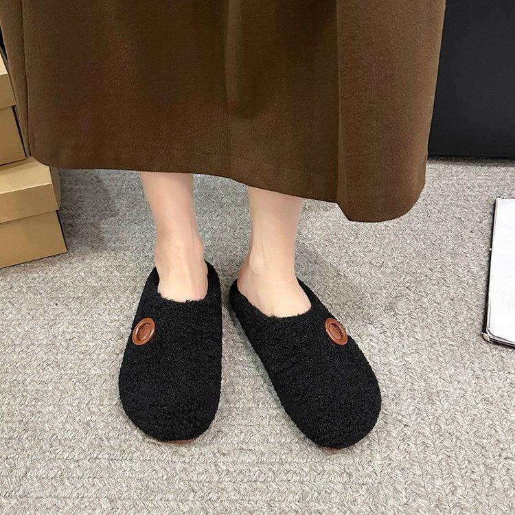 [Ushilai] Retro Thick-soled Lamb Wool One-pedal Women's 2025 Winter New Soft-soled Casual Versatile Cotton Mop