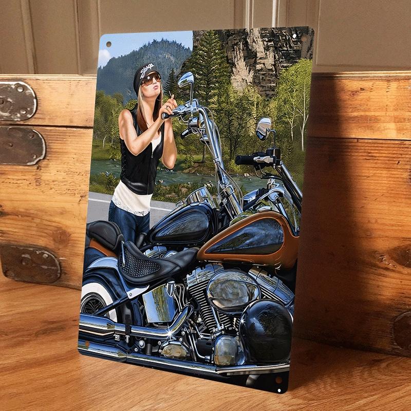 

1 piece of vintage tinplate painting of a beautiful woman riding a motorcycle, suitable for living room or bar, American country (as the picture,20x30cm)
