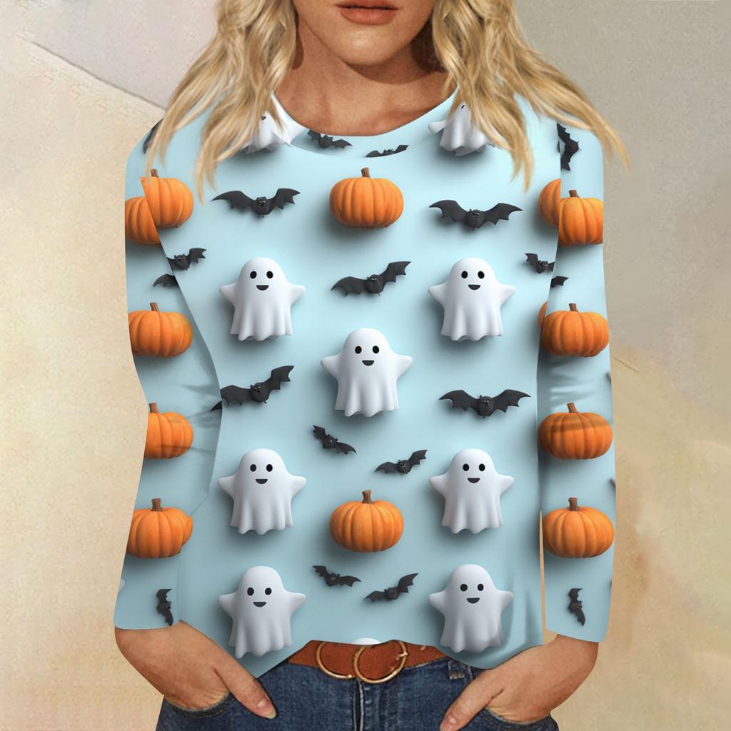 Modisches, lässiges Langarm-Oberteil mit Rundhalsausschnitt und Halloween-Print für Damen