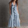 Spot Women's Clothing Spring and Summer New Solid Color Sleeveless Cotton and Linen V-neck Large Pendulum Ruffle Edge Dress