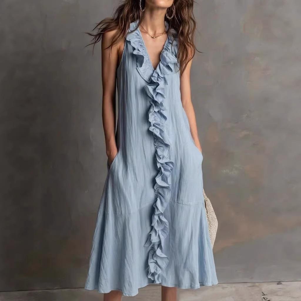 Spot women's clothing spring and summer new solid color sleeveless cotton and linen V-neck large pendulum ruffle edge dress
