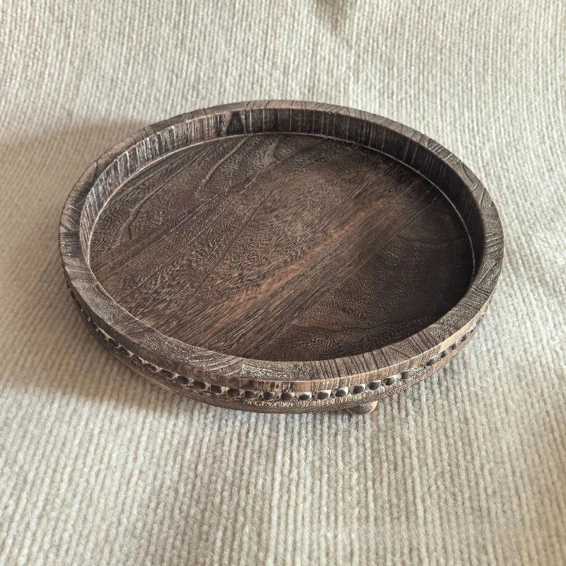 Retro Wooden Round Storage Tray Household Tea Tray Kitchen Dining Room Service Plate Multifunctional Storage Tray