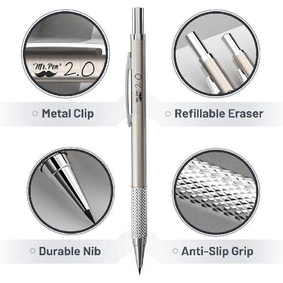 Mr. Pen- Metal Mechanical Pencil Set with Lead and Eraser Refills, 5 Sizes, 0.3, 0.5, 0.7, 0.9, 2mm, Drafting, Sketching, Architecture, Drawing Metal