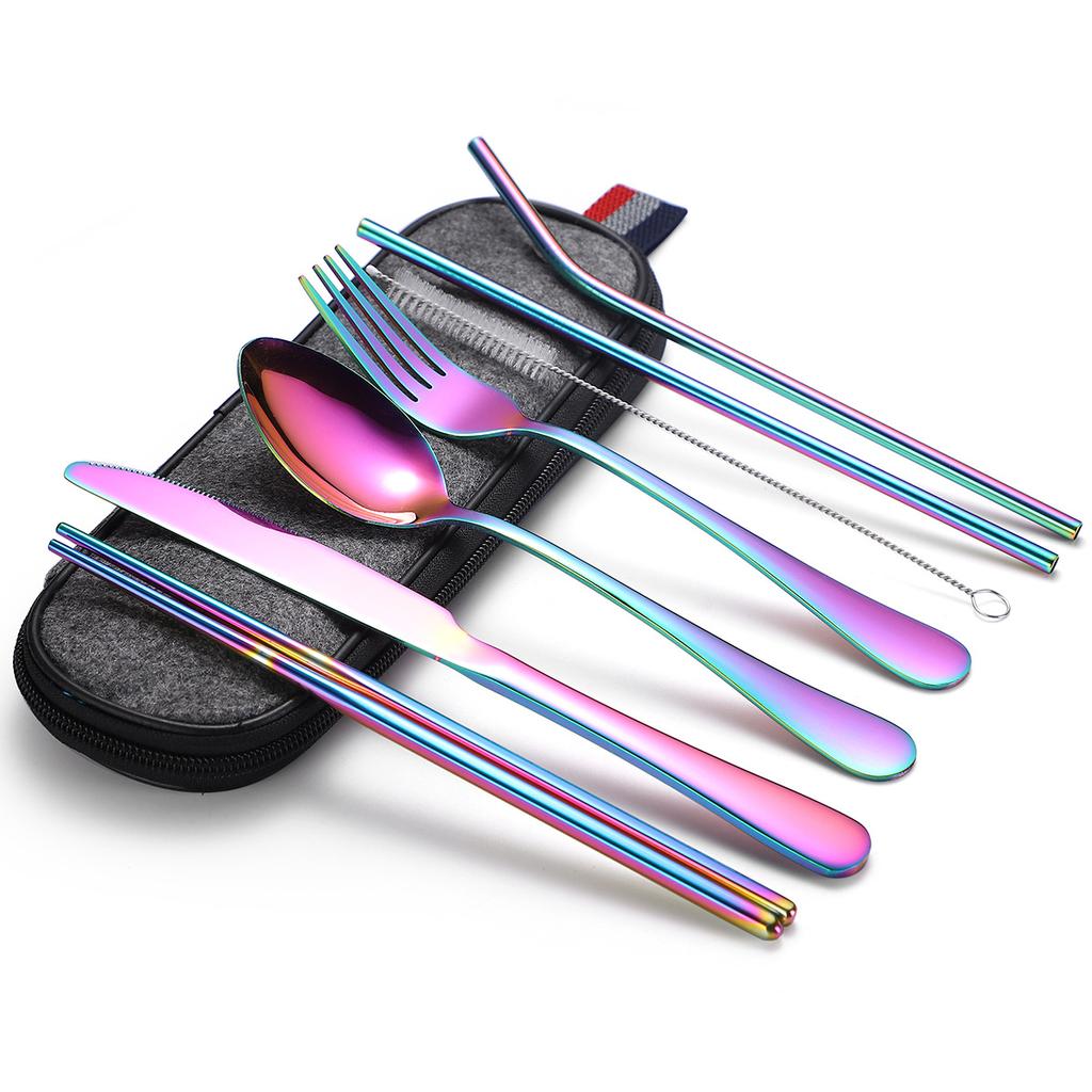Stainless Steel Tableware Set, Portable 7-piece Set, Knife, Fork, Spoon, Chopsticks, Straw, Camping Supplies Storage, Cross-border Durability 2026