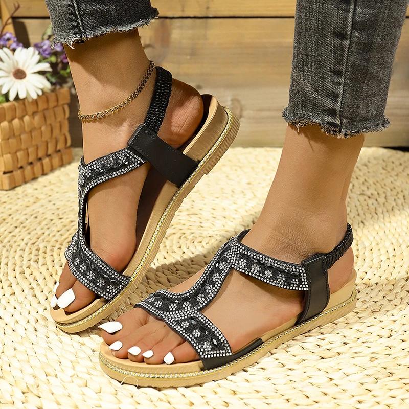 Fashion Shiny Crystal Rome Sandals Women Summer 2025 T-Strap Non-Slip Sandalias Mujer Comfort Flat Heels Non-Slip Beach Shoes Sandals