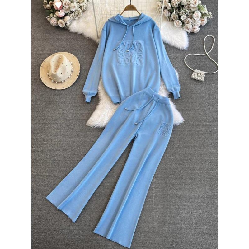 Knit Hooded Sweatshirts 2 Piece Sets Women Casual Knitwear Jumper Tops Ensembles Korean High Waist Malhas Wide Leg Pants Suit